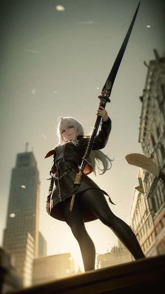 Masterpiece, Table size miniature, Highest quality, 4K, The face is precise(((must))), concept art, best shot, Holding a beautifully decorated long sword, Angle taken from below, head to toe((must)), aschgray haired early 20's Russian girl, Wearing jet black protector, cutting edge protective gear,  The background is a battlefield, Ilya Kuvshinov's style