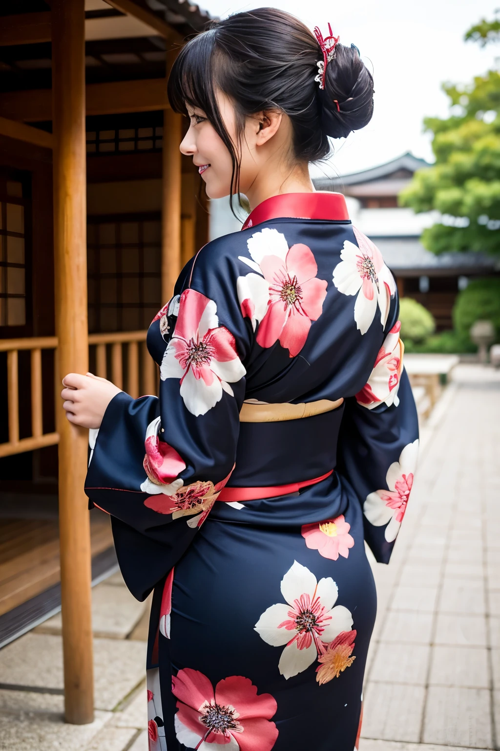 ((Highest quality)), ((masterpiece)), (detailed), One girl, sexy、Traditional Yukata、Japanese、Homecoming outfit、Luxurious obi、back、Black Hair