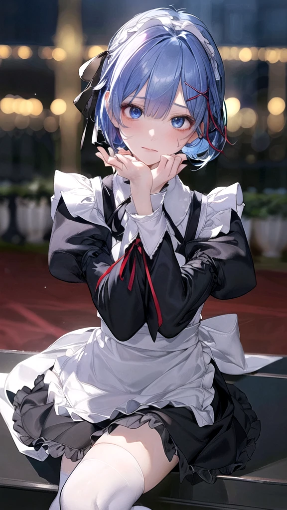 rezeroRem, Rem, blue eyes, Blue Hair, hair ornaments, Hair on one eye, hair ribbon, short hair, x hair ornaments,
break apron, black ribbon, black skirt, black sleeves, Detachable collar, Removable sleeves, flower, Frillsエプロン, frilled skirt, Frills, 頭flower輪, Long sleeve, Maid, miniskirt, neck ribbon, purple ribbon, ribbon, ribbon trim, ribbon-trimmed sleeves, roswaal mansion Maid uniform, short hair, skirt, Knee socks, Waist apron, White apron, white Knee socks,
break outdoors, city,
break looking at viewer, 
break (masterpiece:1.2), Highest quality, High resolution, unity 8k wallpaper, (figure:0.8), (Beautiful attention to detail:1.6), extRemely detailed face, Perfect lighting, extRemely detailed CG, (Perfect hands, Perfect Anatomy),