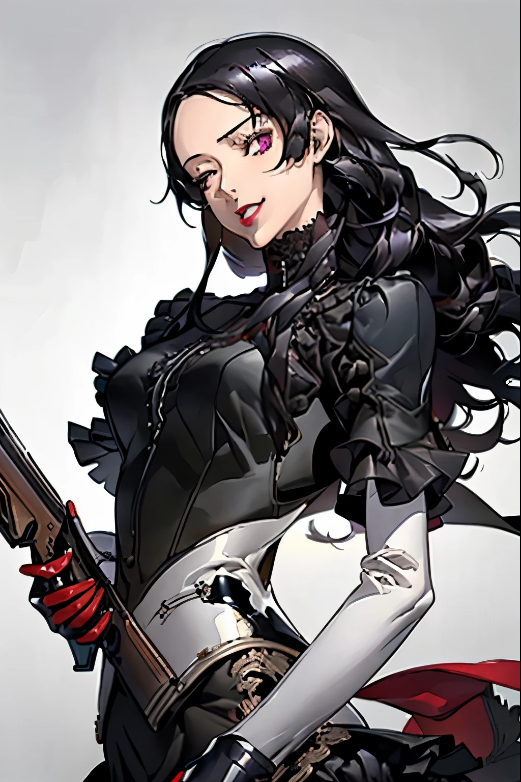 (((Had a lot of guns)))、(Absurd, High resolution, Super detailed), masterpiece, ((alone)), One girl,Ample breasts,Big Breasts,Black rider suit, Black Dress, Mouth closed, (((Long Hair))),Are standing, Bodice and skirt patterns, Frilled Skirt, race, ((Glossy Red Lips)), Purple eyes,beautiful, smile, (((Black Hair))), Bust Crop, Normal skin