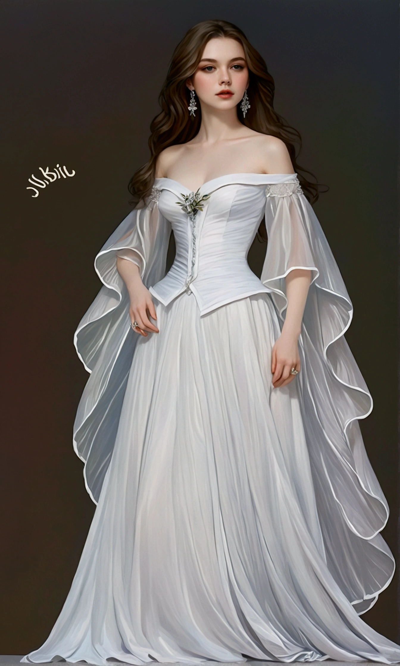 A very feminine white dress, full of elegance and beauty, with many ruffles and shine, the most beautiful and delicate dress for a beautiful woman, Attached to the body, long skirt, elegance, femininity, loveliness