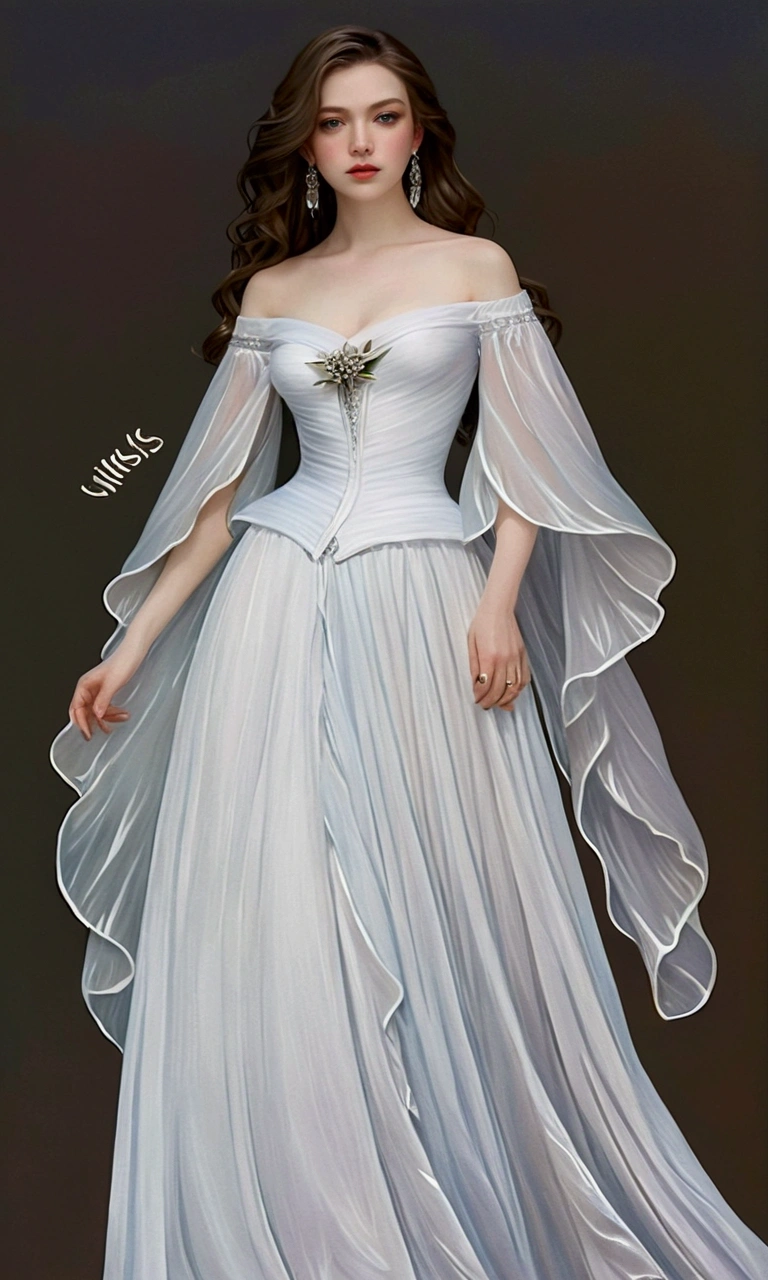A very feminine white dress, full of elegance and beauty, with many ruffles and shine, the most beautiful and delicate dress for a beautiful woman, Attached to the body, long skirt, elegance, femininity, loveliness