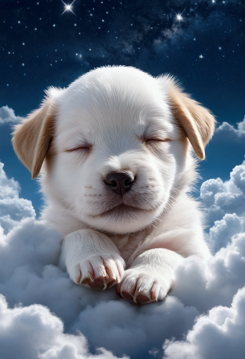 Portrait of a cute puppy sleeping in the clouds. Super detailed, 4K, High resolution, Highest quality, masterpiece. surrounded by clouds of white (emphasize: 1.5) Against the background of the starry sky. The dog is sleeping with his eyes closed, Laughing happily. The sky is blue.
