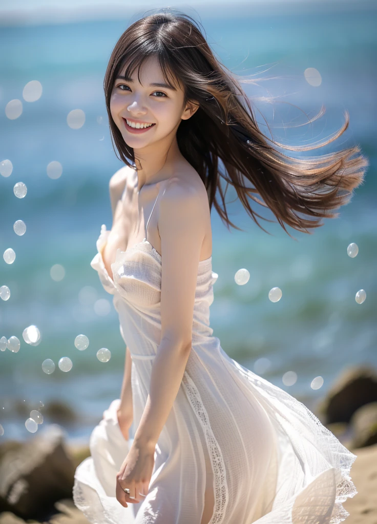 22year old beautiful girl、Beauty、Japanese、cute、beautiful girl、slim、Highest quality、Realistic、16K、panoramic、((Best Quality, 8k, Masterpiece: 1.3)), 1 girl, full body, slim face, beautiful woman,Only one girl、((Perfect body)))、(masterpiece)、((Highest quality))、(Ultra-detailed)、((Very delicate and beautiful))、(((Very shallow depth of field)))、Hmph，(((Unbelievably absurd)))、((Perfect body)))、(((Black-haired)))、(((Shortcuts)))、(Okabo Hair)、(((Looking into the camera)))、(((The best smile that makes you happy)))、White lace dress、Dynamic Angle、Female focus、{Particles of light}、Delicate background、((Paul Hedley)))、Soft lighting、(Dramatic sunset)、sunset、Very beautiful sunset、Live Action、Realistic、Top view、Cute Smile、(The background is blurred)、Larger breasts、((wind))、(((Movement)))、(((Emotional)))、((colorful))、((Beautiful Teeth)) 、Flare、Ocean background、Shooting from a distance、Full body、Full body