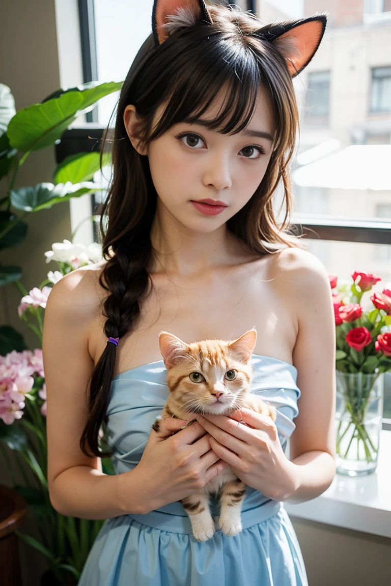 One girl, ((naked)), Animal ears, Purple eyes, Brown Hair, wing, alone, Long Hair, blush, Cat耳, Flowers, View your viewers, Braid, bow, dress, pink Flowers, bow, hair accessory, bangs, Cat, Hair Flower, Animal ears毛, Holding, Virtual YouTuber, Blue ribbon, Holding animal, Catwoman, stuffed toy