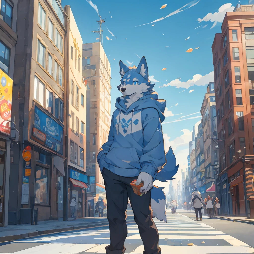 （Perfect work）Muscular body, Dark gray fur, Delicate pupils，Standing on the street, Snack Street Background,head tilted to one side,Beautiful blue sky and white clouds，People coming and going , Wearing a gray sweatshirt, Wolf furry character