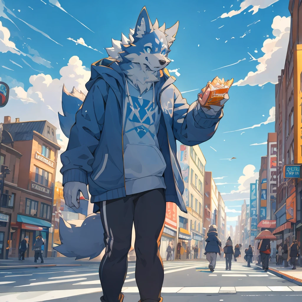 （Perfect work）Muscular body, Dark gray fur, Delicate pupils，Standing on the street, Snack Street Background,head tilted to one side,Beautiful blue sky and white clouds，People coming and going , Wearing a gray sweatshirt, Wolf furry character