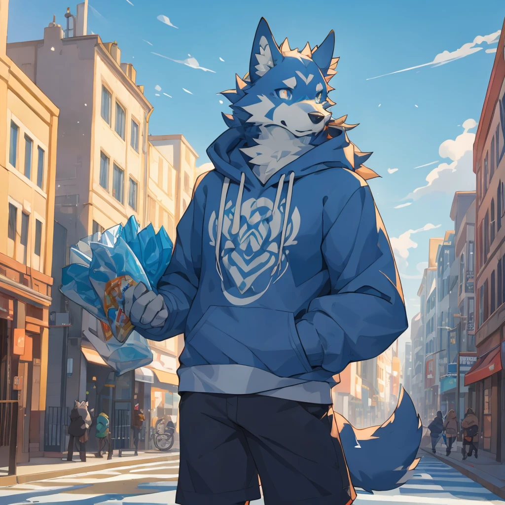 (Perfect work)Muscular body, Dark gray fur, Delicate pupils,Standing on the street, Snack Street Background,head tilted to one side,Beautiful blue sky and white clouds,People coming and going , Wearing a gray sweatshirt, Wolf furry character