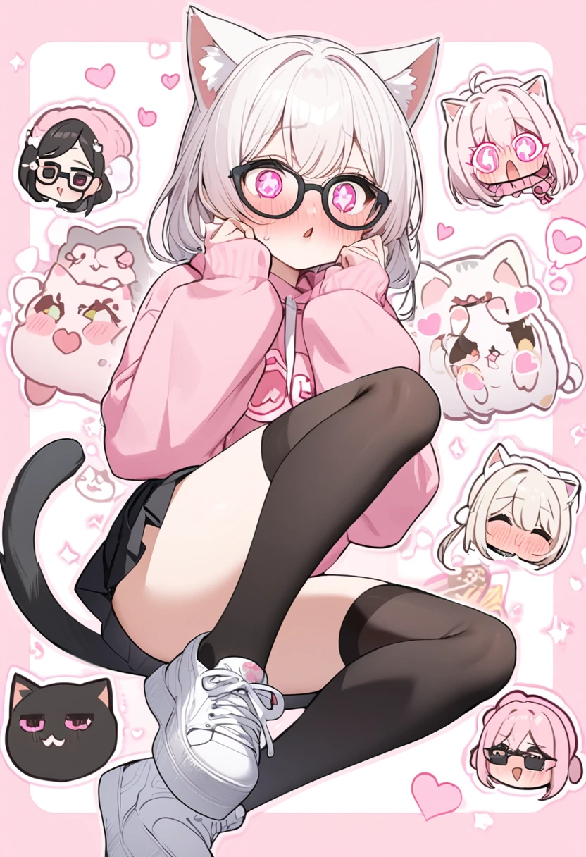 I have white pink hair, cat ears, a bun, my face is super blushing, black glasses, pink heart eyes, a big pink sweatshirt, a black skirt, black stockings, white shoes, a cat&#39;s tail, a girl. very shy that her parents are millionaires