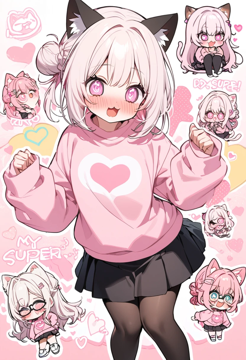 I have white pink hair, cat ears, a bun, my face is super blushing, black glasses, pink heart eyes, a big pink sweatshirt, a black skirt, black stockings, white shoes, a cat&#39;s tail, a girl. very shy that her parents are millionaires