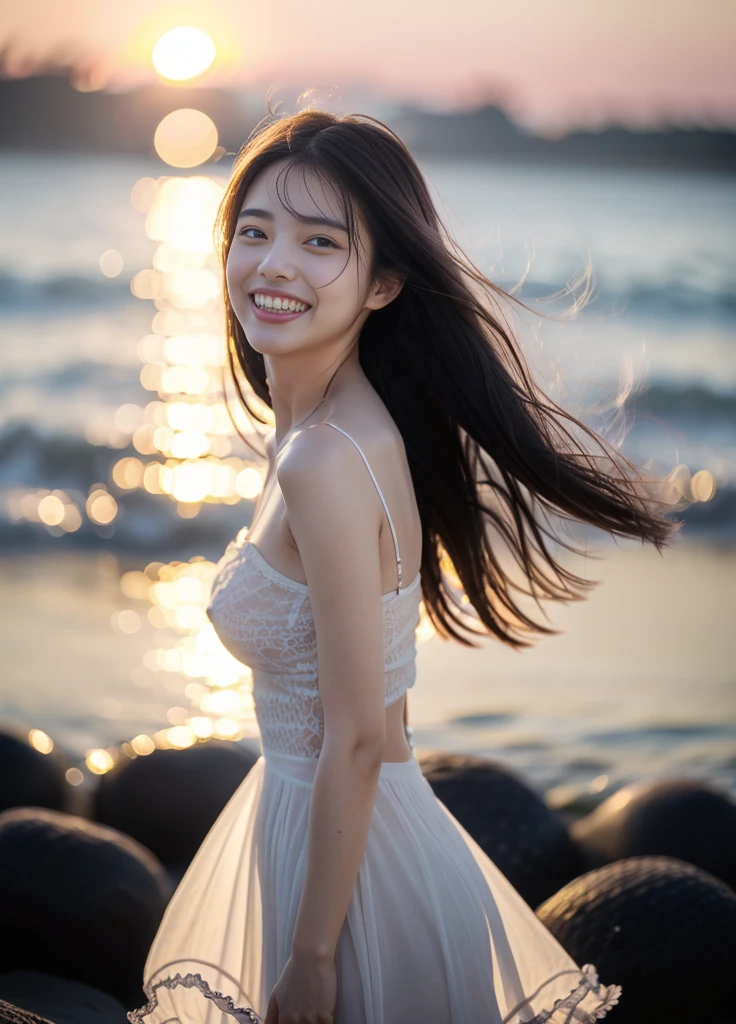 22year old beautiful girl、Beauty、Japanese、cute、beautiful girl、slim、Highest quality、Realistic、16K、panoramic、((Best Quality, 8k, Masterpiece: 1.3)), 1 girl, full body, slim face, beautiful woman,Only one girl、((Perfect body)))、(masterpiece)、((Highest quality))、(Ultra-detailed)、((Very delicate and beautiful))、(((Very shallow depth of field)))、Hmph，(((Unbelievably absurd)))、((Perfect body)))、(((Black-haired)))、(((Shortcuts)))、(Okabo Hair)、(((Looking into the camera)))、(((The best smile that makes you happy)))、White lace dress、Dynamic Angle、Female focus、{Particles of light}、Delicate background、((Paul Hedley)))、Soft lighting、(Dramatic sunset)、sunset、Very beautiful sunset、Live Action、Realistic、Top view、Cute Smile、(The background is blurred)、Larger breasts、((wind))、(((Movement)))、(((Emotional)))、((colorful))、((Beautiful Teeth)) 、Flare、Ocean background、Shooting from a distance、Full body、Full body