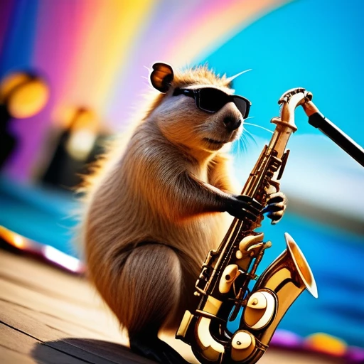 low angle, The photo shows a cute capybara wearing black sunglasses and playing the saxophone on a stage. psychedelic ocean background, the head is raised. The overall impression is humorous and adventurous. The intricate details of the mouse's fur, whiskers and claws are meticulously reproduced and make it appear lifelike.