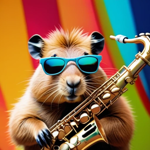 low angle, The photo shows a cute capybara wearing black sunglasses and playing the saxophone on a stage. psychedelic ocean background, the head is raised. The overall impression is humorous and adventurous. The intricate details of the mouse's fur, whiskers and claws are meticulously reproduced and make it appear lifelike.