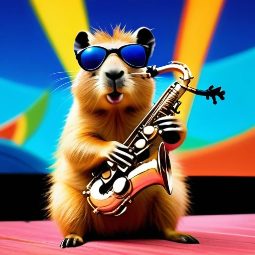 low angle, The photo shows a cute capybara wearing black sunglasses and playing the saxophone on a stage. psychedelic ocean background, the head is raised. The overall impression is humorous and adventurous. The intricate details of the mouse's fur, whiskers and claws are meticulously reproduced and make it appear lifelike.