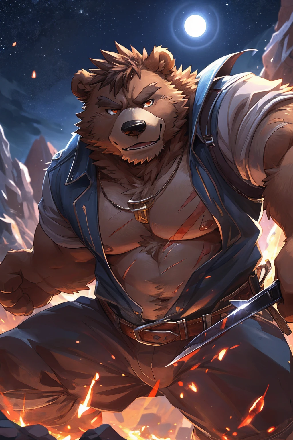 human nature, Wildlife, male,36 years old，Uncle， solitary, ((Round Face, The face is plump,Orange eyes,thick brown hair，Furry little ears with scars)), ((Endomorph, Handsome的，Hot Blood)), （construction worker，White architectural clothing，Holding a military long knife), ((domestic brown bear, Bear Orc，) Fluffy fur, Fluffy), Bokeh, (high quality, high resolution, masterpiece), (Dynamic Lighting, Vibrant colors，Natural fill light), (Revitalize，Handsome，), Full body picture (close up), cartoon, author：Takemoto Arashi, From zixiong, By Chunni, author：Empty Ghost，moonlight，Draw the sword on the cliff，Lean on your teammates&#39; backs，Two-player combat，Night，Surrounded，Beautiful starry sky，（background：moonlight的悬崖边）