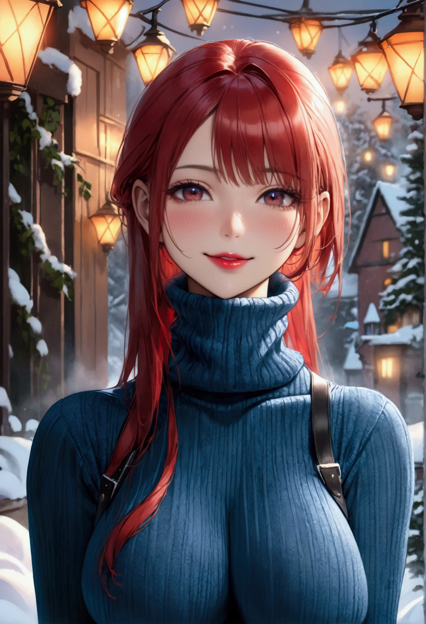 ((A aroused woman with voluptuous perfect toned meaty figure, extreme firm firm firm accurately rounded 34DDD sized erected breasts, covered erected nipples, erotic expressions on face, red lips, and straight red hair)), ((wearing an unwrinkled smooth extreme skintight turtleneck velour blue thick sweater with a belt and a extreme super skintight plush sumptuously velour luxuriously soft ribbed Winter Warm Thermal velvet Fleece Lined Women Leggings)), ((**standing and smiling, facing viewer high quality, detailed face portrait, photorealistic, 8k, masterpiece vivid colors, warm lighting, intricate details, hentai, waifu, full body view**))