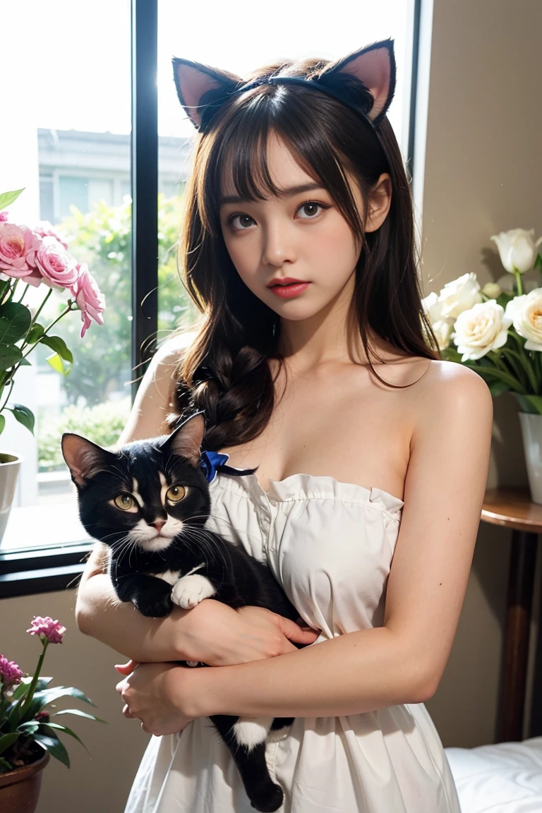 One girl,(((naked))), Purple eyes, Brown Hair, alone, Long Hair, blush,, Flowers, View your viewers, Braid, bow, pink Flowers, bow, hair accessory, bangs,, Hair Flower, Holding, Virtual YouTuber, Blue ribbon, Holding animal, Catwoman,