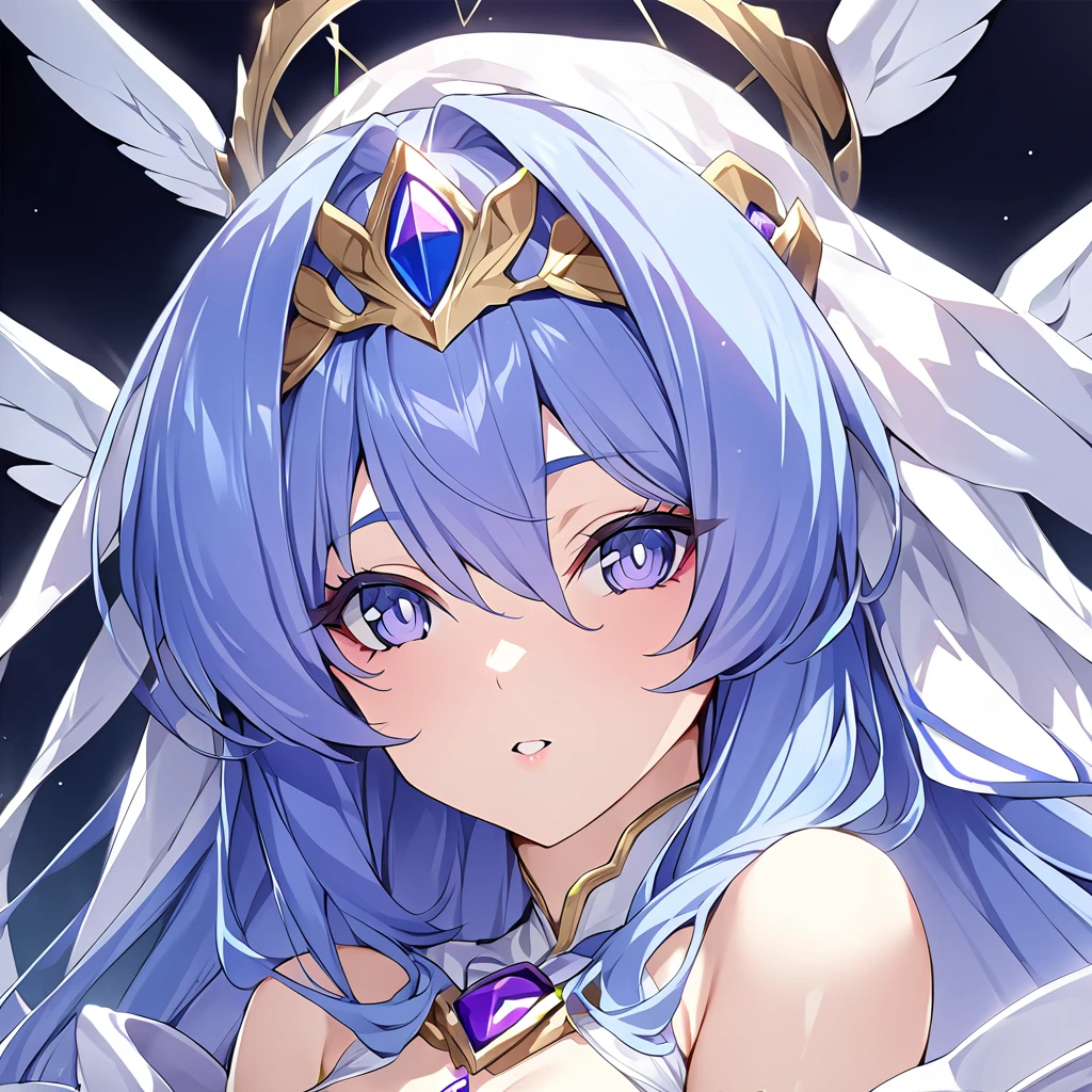 ((Highest quality)), ((masterpiece)), (detailed), （Perfect Face）、Women are messengers of God and great angels.６Extia is an archangel with wings and a shining halo above her head, and is the goddess of love.、The woman is the beautiful Queen of the Gods, Goddess Extia, with medium-long blue hair. She is wearing a gorgeous white wedding dress with gold embroidery and trim, a white wedding veil, an engagement ring, and gorgeous accessories. She is an elegant goddess and a beautiful queen of the gods.