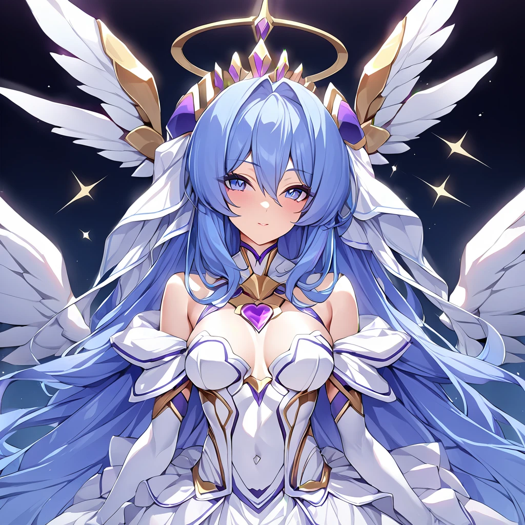 ((Highest quality)), ((masterpiece)), (detailed), （Perfect Face）、Women are messengers of God and great angels.６Extia is an archangel with wings and a shining halo above her head, and is the goddess of love.、The woman is the beautiful Queen of the Gods, Goddess Extia, with medium-long blue hair. She is wearing a gorgeous white wedding dress with gold embroidery and trim, a white wedding veil, an engagement ring, and gorgeous accessories. She is an elegant goddess and a beautiful queen of the gods.