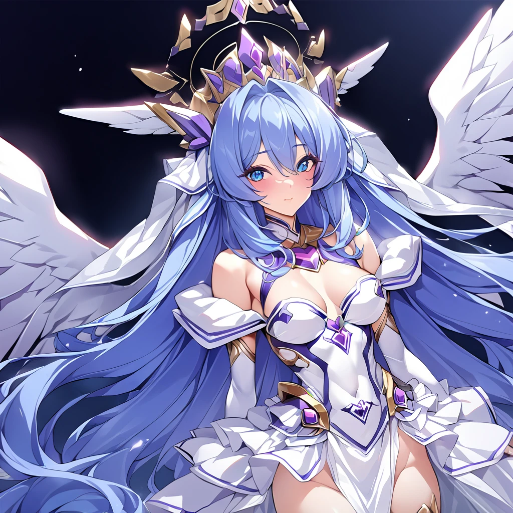 ((Highest quality)), ((masterpiece)), (detailed), （Perfect Face）、Women are messengers of God and great angels.６Extia is an archangel with wings and a shining halo above her head, and is the goddess of love.、The woman is the beautiful Queen of the Gods, Goddess Extia, with medium-long blue hair. She is wearing a gorgeous white wedding dress with gold embroidery and trim, a white wedding veil, an engagement ring, and gorgeous accessories. She is an elegant goddess and a beautiful queen of the gods.