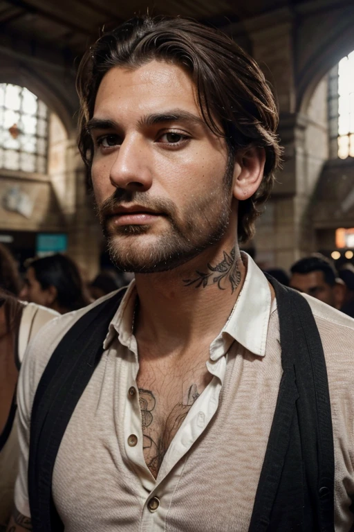 from below (medium shot:1.1) photo of a man, Michele_Morrone a 43 y.o hairy Caucasian Italian rough man, sharp-angular face, on a chhatrapati shivaji terminus (formerly victoria terminus), wearing a (black:1.1) (suit:1.1), deep-set eyes, dirty blond hair, low-cut dropped side holes, collar (shirt:1.2), several tattoos that are visible on his arms, natural lighting, 4k, high quality, Fujifilm XT