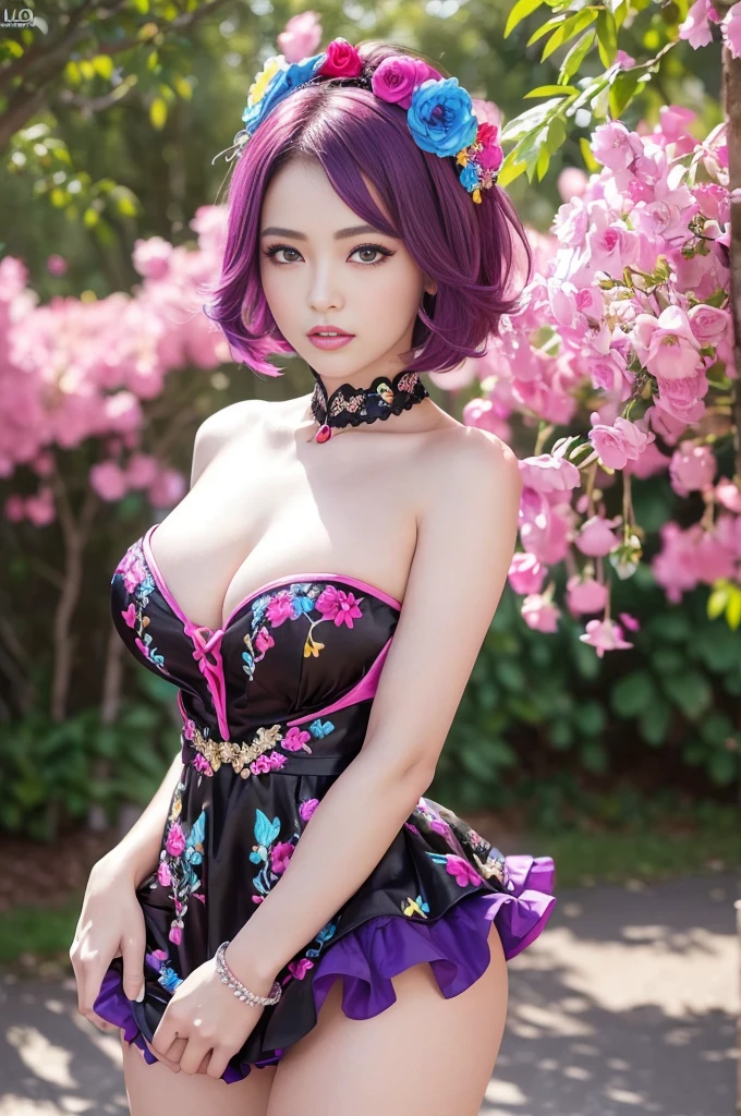 (masterpiece:1.4), (best quality:1.4), ultra high res, ultra high resolution, ((ultra detailed facial features)), HDR, (realistic, photorealistic, photo-realistic:1.37), full body Esbian, y Swedish model, (-anime), vivid colors, ((vivid colors multicolor (fuchsia, pink, light blue, purple) very short hair)), (seductive smile), ultra detailed metallic makeup, lip-gloss, long lashes, defined eyebrows, wearing large sparkling colorful jewelery, wearing a red silk Paradise Kiss cosplay dress with black floral embroidery, ((vivid colors outfit)), vivid colors, look at the camera, cinematic light, large park background with trees, sweet and sexose