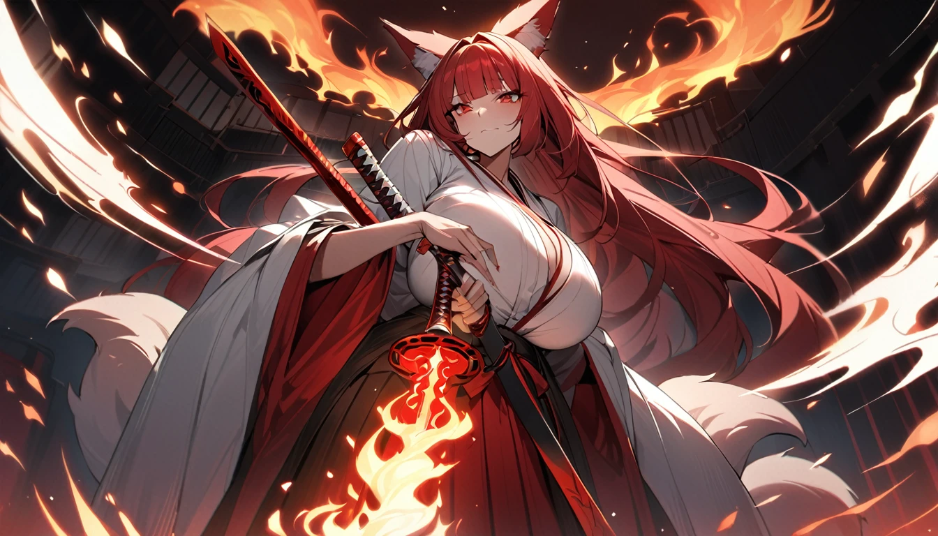 4K masterpiece High brightness crimson hair Very long ponytail Bangs down Mature woman Very large bust Huge breasts Exposed hakama Fox ears and nine fox tails of the same color as the hair Burning sword、Sword、He is wearing a five-fingered flame and is holding a Japanese sword.
