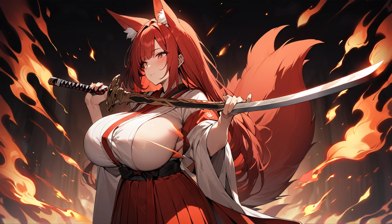 4K masterpiece High brightness crimson hair Very long ponytail Bangs down Mature woman Very large bust Huge breasts Exposed hakama Fox ears and nine fox tails of the same color as the hair Burning sword、Sword、He is wearing a five-fingered flame and is holding a Japanese sword.