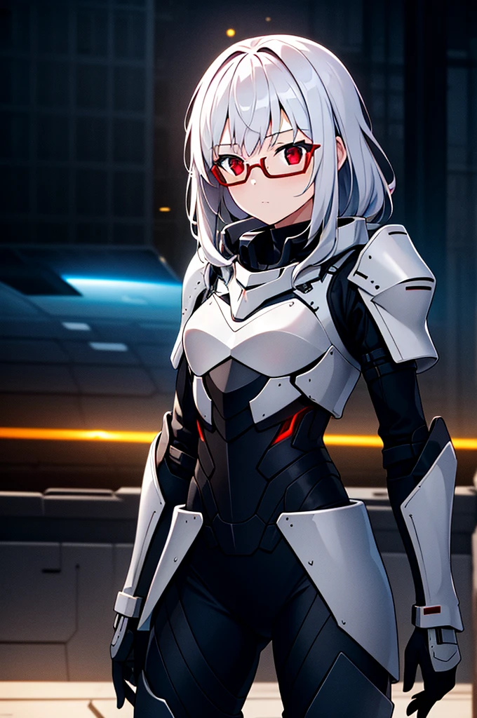 Masterpiece, solo, female, 1girl, 4k, standing, outdoor, white hair, white glasses, short, futuristic black soldier armor, cowboy shot's, Bokeh,red eyes, female soldier, bulletproof soldier armor, flat breast, flat chest, mature women, space soldier armor