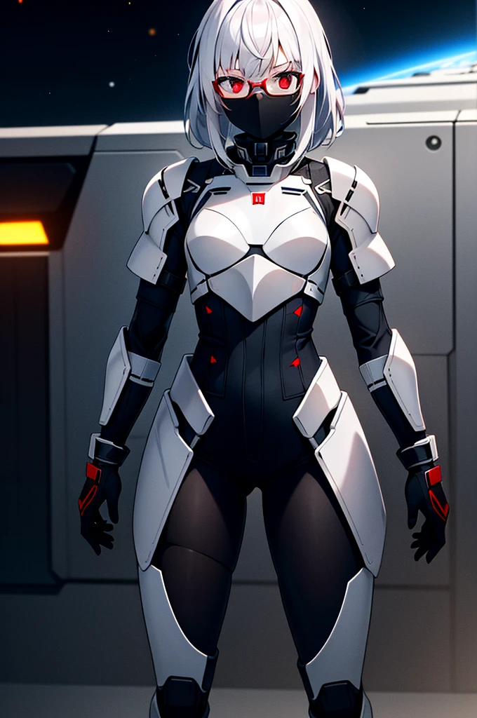 Masterpiece, solo, female, 1girl, 4k, standing, outdoor, white hair, white glasses, short, futuristic black soldier armor, cowboy shot's, Bokeh,red eyes, female soldier, bulletproof soldier armor, flat breast, flat chest, mature women, space soldier armor