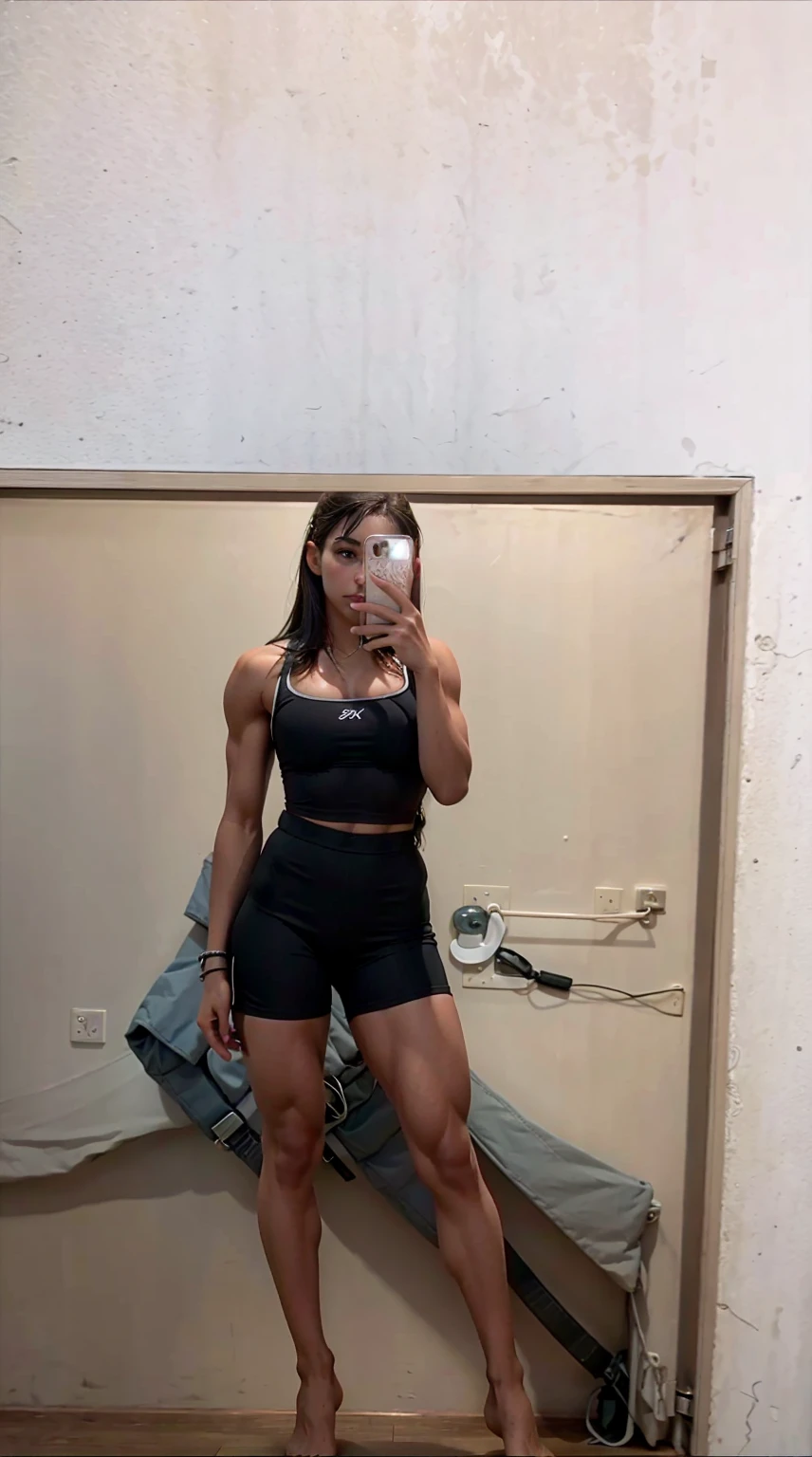 16 years old teenage girl posing her athletic body, muscular look, muscular legs, sport-shorts and sports-bra, confident, breathtaking, high detail