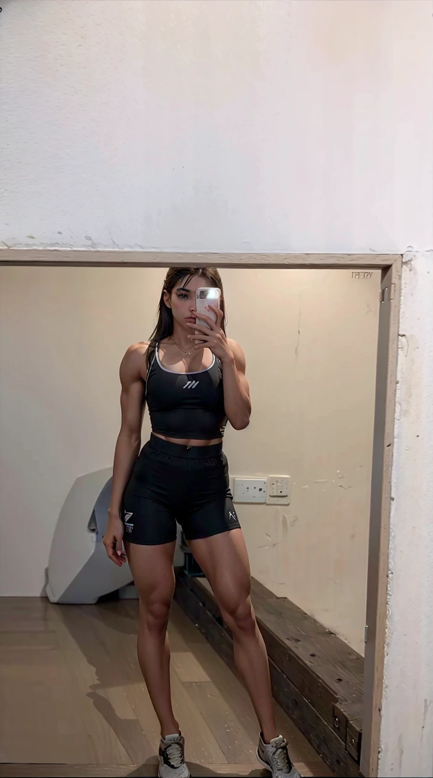 16 years old teenage girl posing her athletic body, muscular look, muscular legs, sport-shorts and sports-bra, confident, breathtaking, high detail