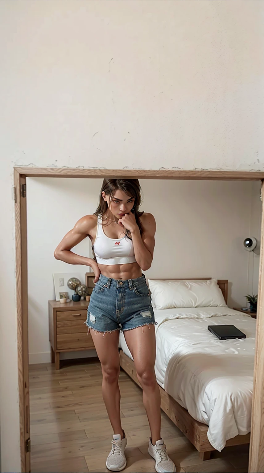 teenage girling her athletic body, muscular look, muscular legs, sport-shorts and sports-bra, confident, breathtaking, high detail