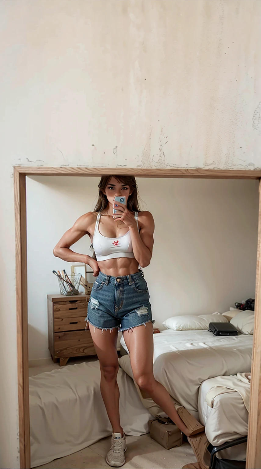 girl posing her athletic body, muscular look, muscular legs, sport-shorts and sports-bra, confident, breathtaking, high detail