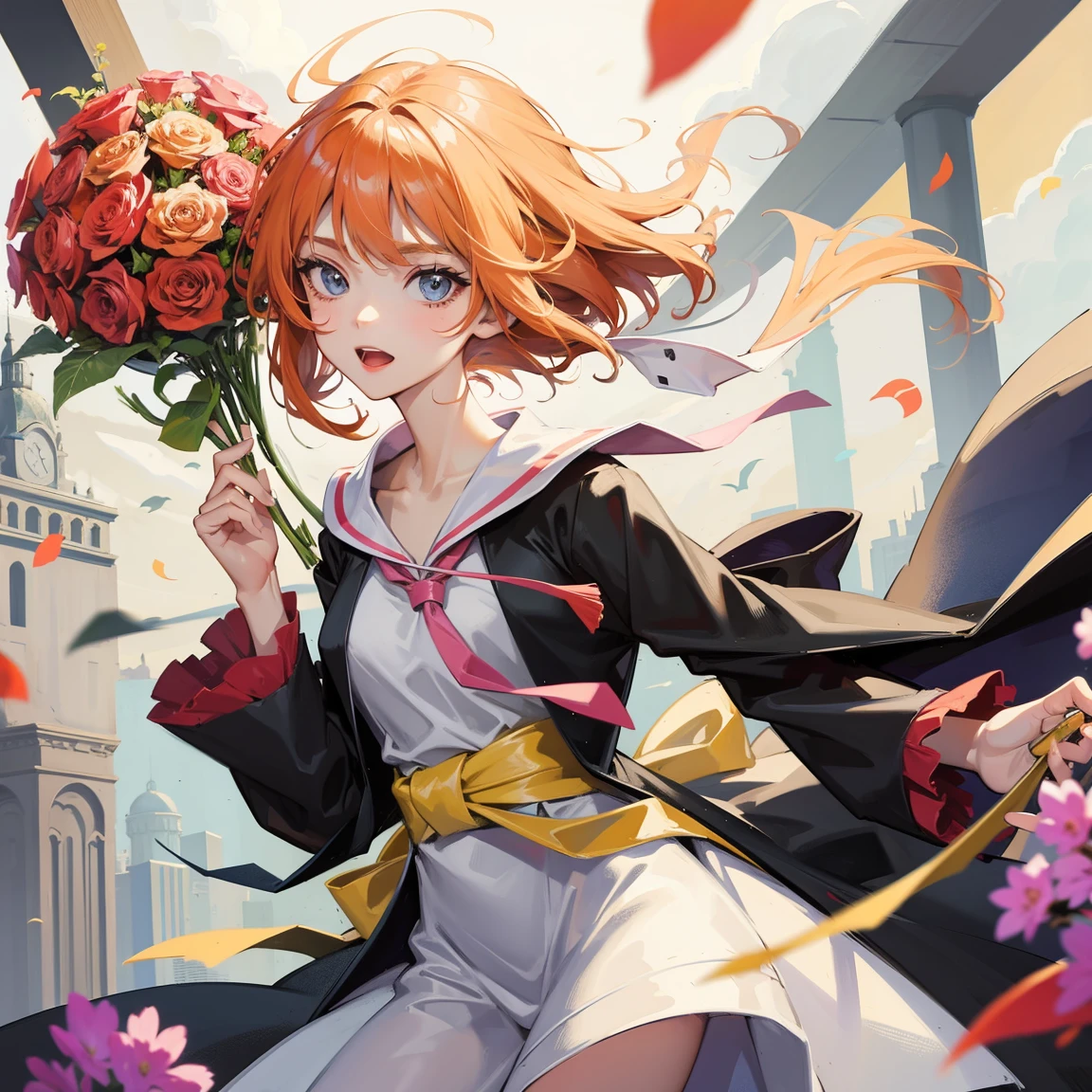 anime female wearing graduation gown, holding a bouquet of flowers