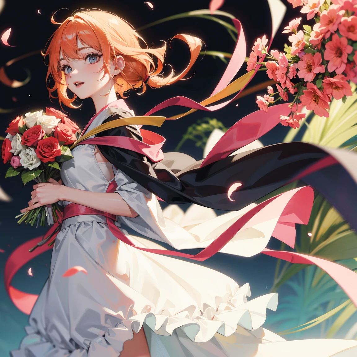 anime female wearing graduation gown, holding a bouquet of flowers