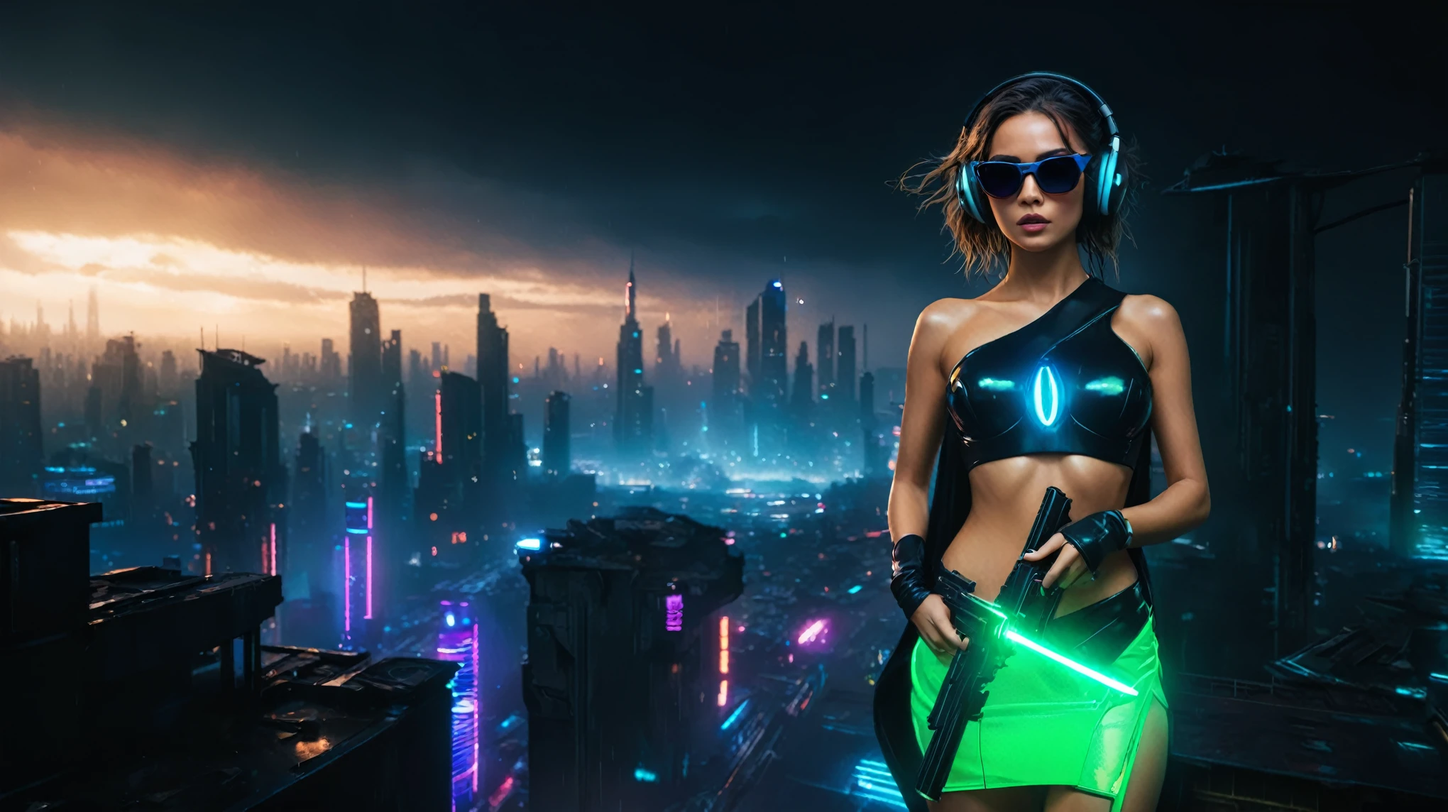 At night, aerial view of a mysterial sky garden, horror dark statue, a holographic cyberpunk city in the background with flying vehicle, fountain, waterfall, atmospheric fog, Matrix style, (1girl, solo), large-breast:1.3 D-cup slim:0.9 body, cleavage:1.3, seductive costume, (mini VR sunglasses), (((holding a pistol))), standing, half-body thigh level medium shot, depth of field, cinematic lighting, ray tracing.