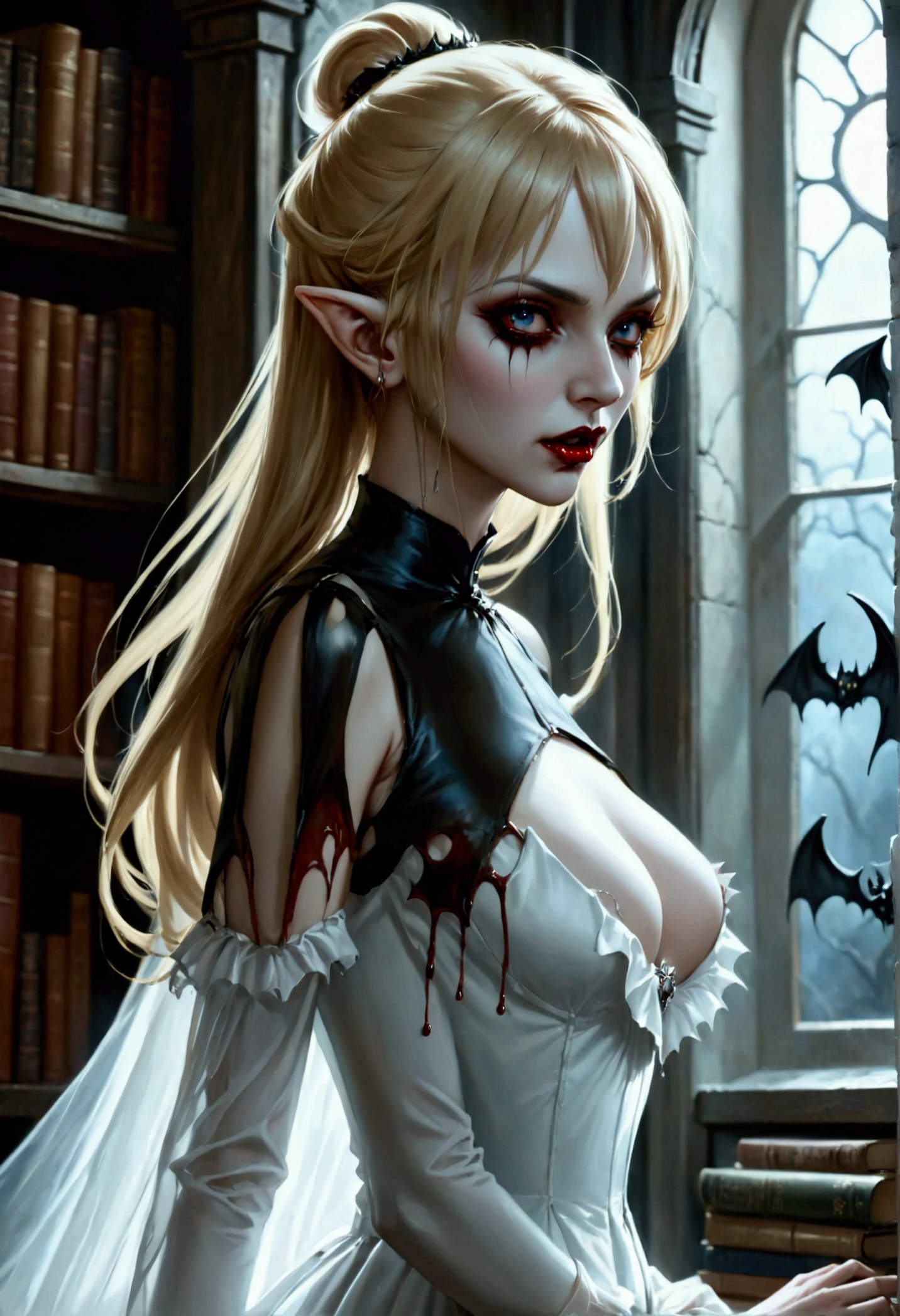 arafed a picture of elf vampire in her castle. an exquisite beautiful female elf vampire (ultra details, Masterpiece, best quality), bloody mouth blond hair, pale skin, hair in a ponytail, long hair, blue eyes, small pointed ears, cold eyes, smirking, wearing white dress (ultra details, Masterpiece, best quality), red cloak, in dark fantasy library, book shelves, arafed high details, best quality, 16k, [ultra detailed], masterpiece, best quality, (ultra detailed), full body, ultra wide shot, photorealism, RAW, dark fantasy art, gothic art, ArmoredDress, Dark Novel, Dark Art Painting Style, dripping blood, goth person