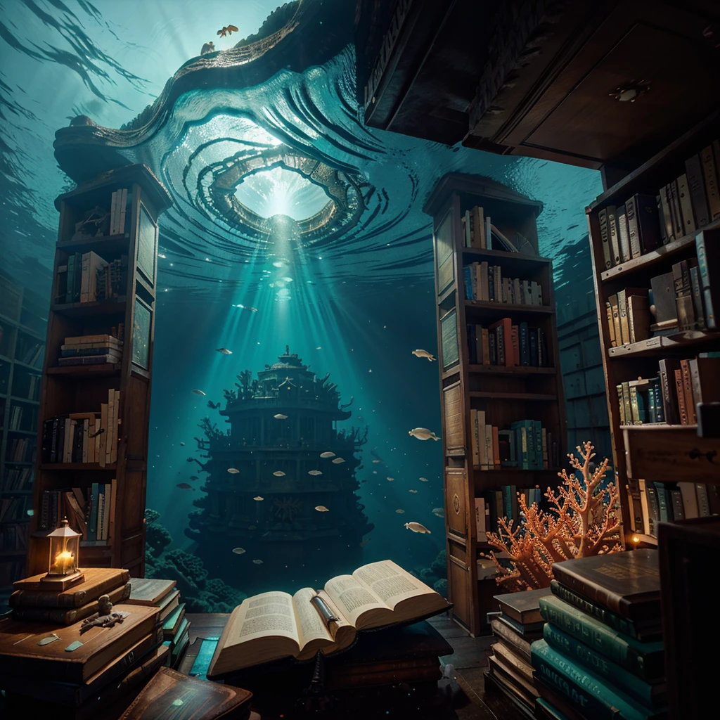 A majestic underwater library, bioluminescent jellyfish illuminate the towering shelves overflowing with coral-encrusted books. Sunlight filters through a crack in the ocean floor, casting an ethereal glow on the scene.