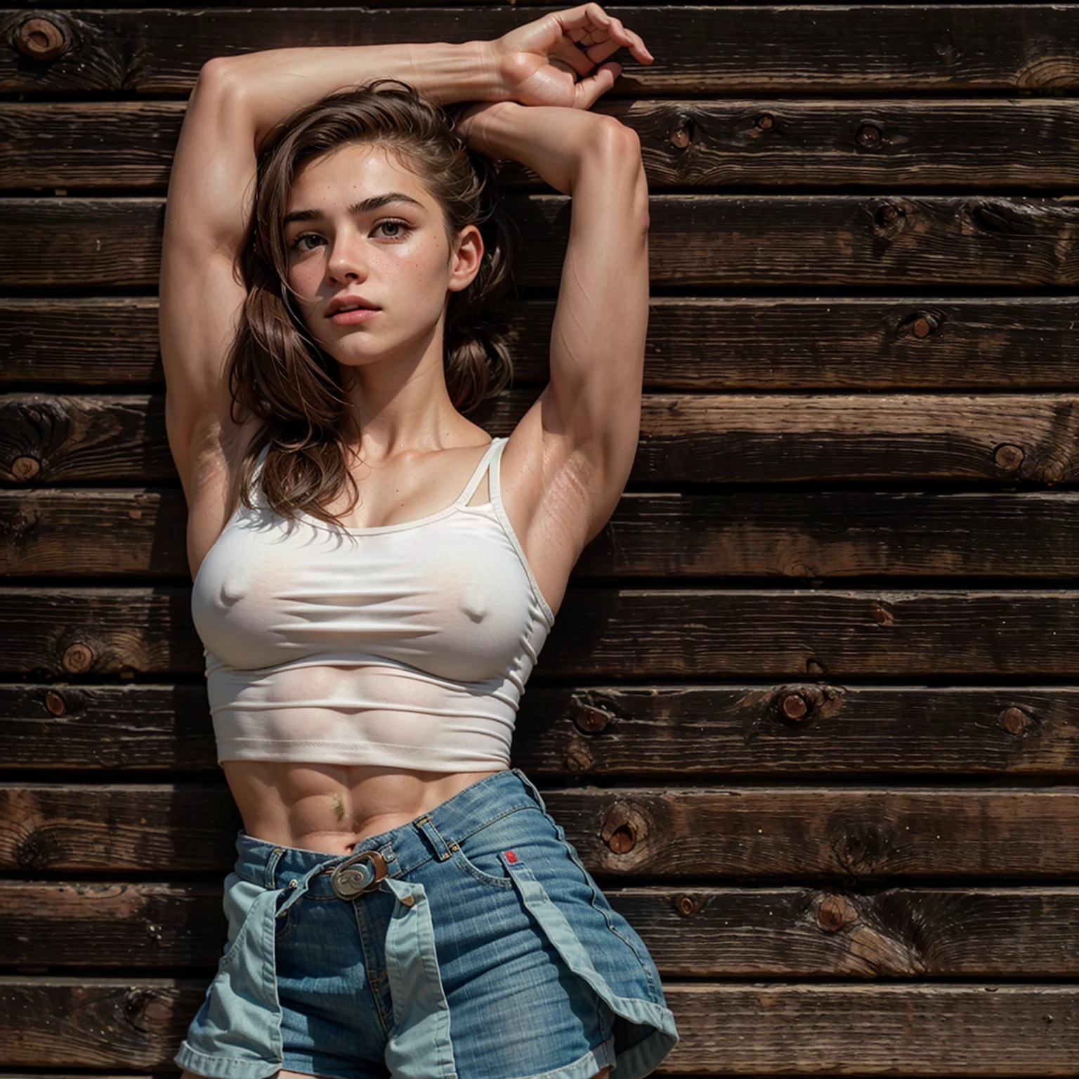 teenage girling her athletic body, muscular look, muscular legs, sport-shorts and sports-bra, confident, breathtaking, high detail