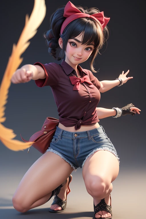 3DMM style, (masterpiece, best quality), Intricate details, 1 Girl, Solitary, Bank of East Asia\(Pokémon\), bow hair band, Printed shirt, tied shirt, jeans, Single glove, Knee pads, barefoot, Cowboy shooting, front, Red clothes, Black Hair, smiling wide shot, Long Shot, High heels on the feet, Arms and feathers stretched, Heroic Stance, tie, bow, Perfect hands, 5 finger hand