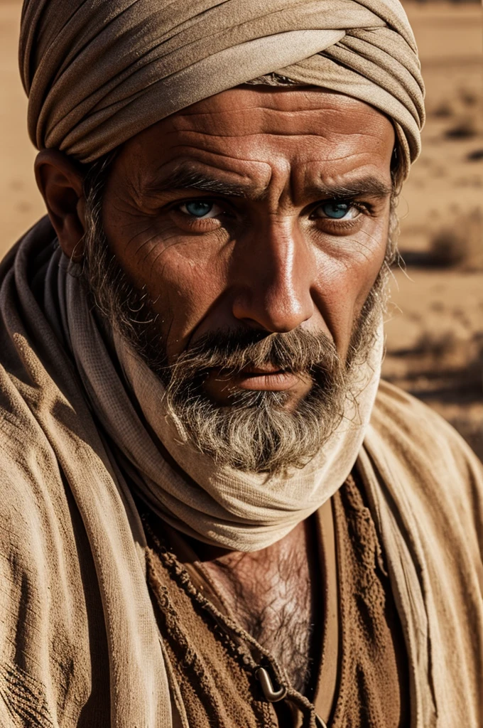 (white german man), very realistic face, zoomed in on face, blue eyes, wearing thawb and turban, in the desert, 19th-century photograph, sepia tones, aged appearance, dramatic shadows, high contrast, vintage photo, weathered look, ultra-detailed, historical atmosphere, textured background, dusty surroundings, bright sunlight, intense gaze, fine facial details, photorealistic, 4K quality.