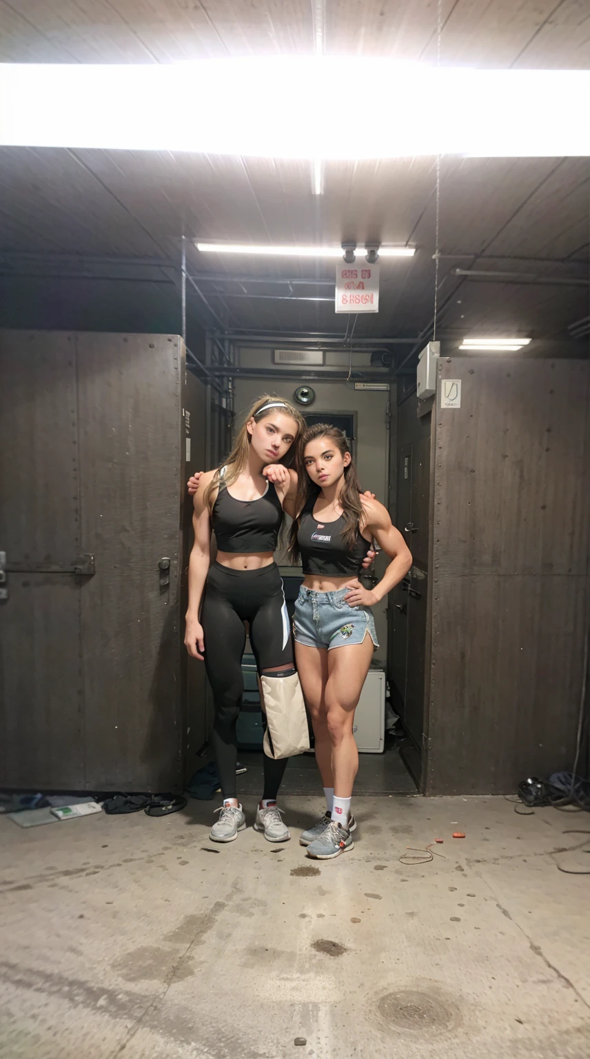 16 years old teenage girl posing her athletic body, muscular look, muscular legs, sport-shorts and sports-bra, confident, breathtaking, high detail