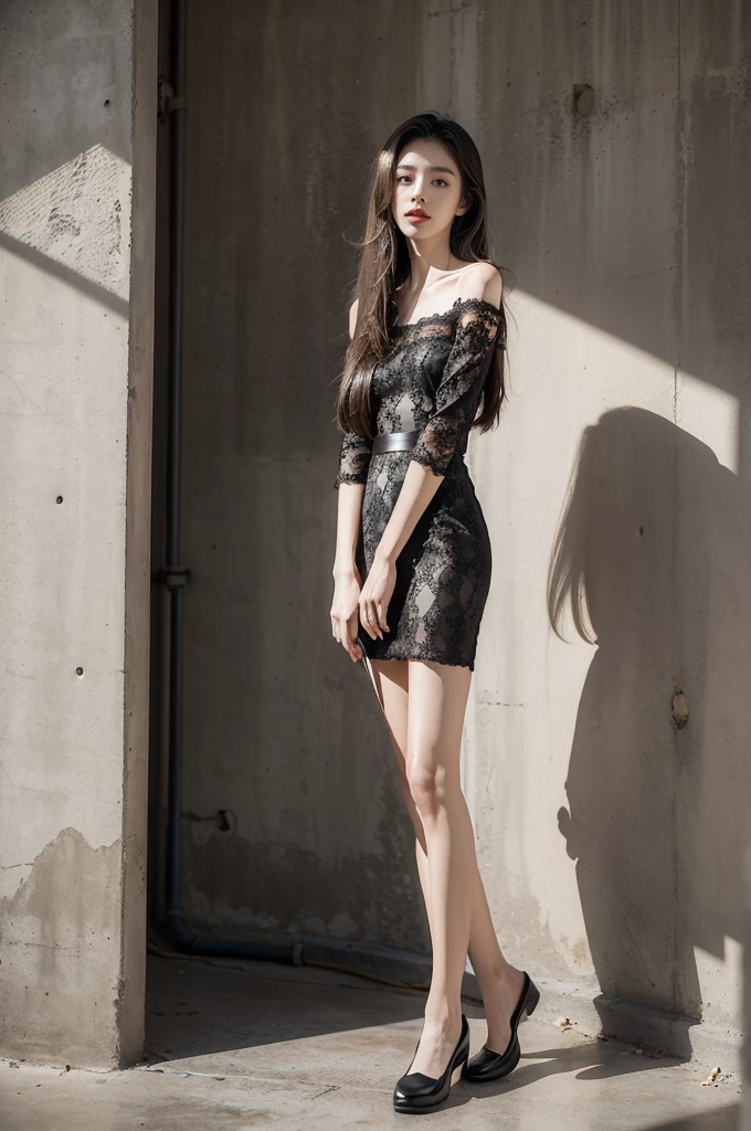 (((best quality))),(((ultra detailed))),(((masterpiece))),illustration,((1 beautiful girl,solo)),((slim,thin)),((small breasts,flat chest)),(shoulder length straight hair:1.2),summer afternoon,((unfinished concrete room,alluring,gray walls)),(short sleeves:1.2),(black lace dress:1.3),(slender legs:1.2),(loafers:1.2),seductive,elegant,full bosom,fair skin,golden strands,delicate features,deep brown eyes,mischief,mystery,enchanting smile,vibrant red lips,serene beauty,self-assuredness,industrial ambiance,raw cement walls,exposed pipes,sexuality,allure,refined beauty,compelling visual narrative,seductive gaze,elegant posture,industrial backdrop,lasting impression,((standing,from front,full body))