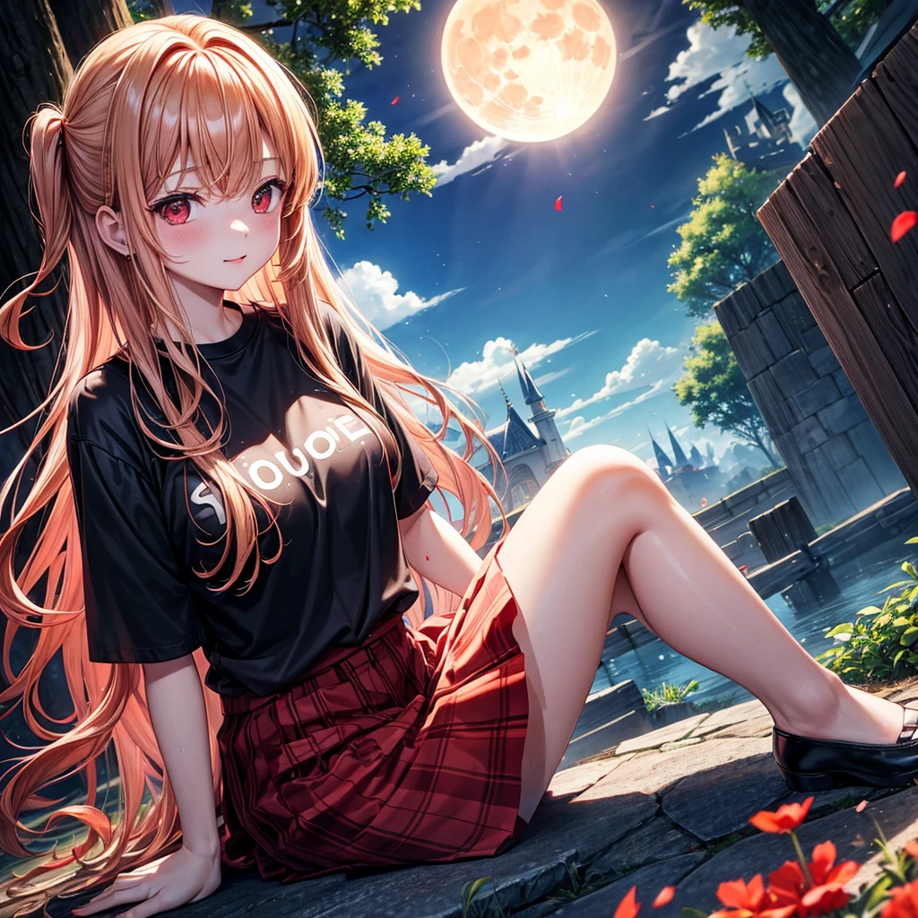 Red-blonde、Red eyes、One cute girl、solo、And soul、Light clothing、Checked mini skirt、petal、Wet hair、Sit on、black t-shirts、large tree、cloud、full moon、monster castle、lanthanum、Hell's Gate、Craft Gatekeeper、barefoot、Snow is piled up