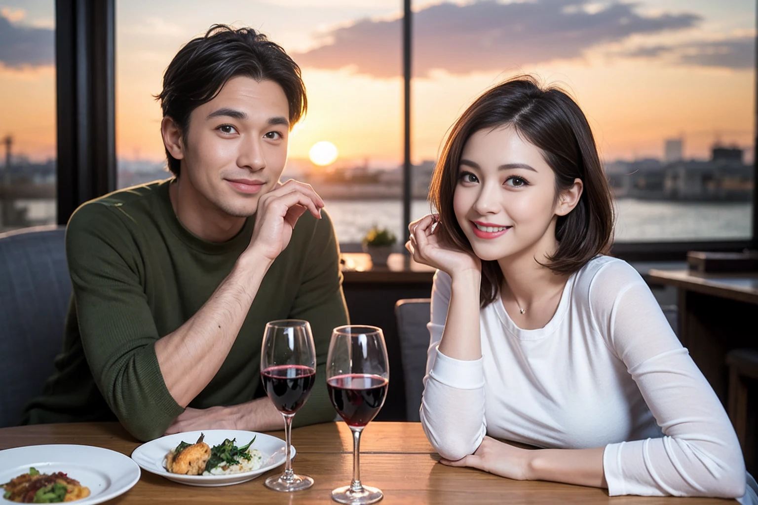 （Realistic:1.2）,(masterpiece,Highest quality)，8k,((men and women)),Age 35,37 years old、最高のsmile、Happy Couple, Full course dinner at the table、Wine Party、wine glass、White wine、sparkling wine、red wine、Upper Body、Tight waist,Perfect Anatomy, Brown Hair, short hair,Random Hairstyles,Amazing view of the sunset sky and clouds、Long sleeve shirt、dress,((Highly detailed face and eyes:1.2))(Cute Face:1.4)，Beautiful actress face，Perfect golden ratio face，woman&#39;suit、Nice,(smile:1.2)、