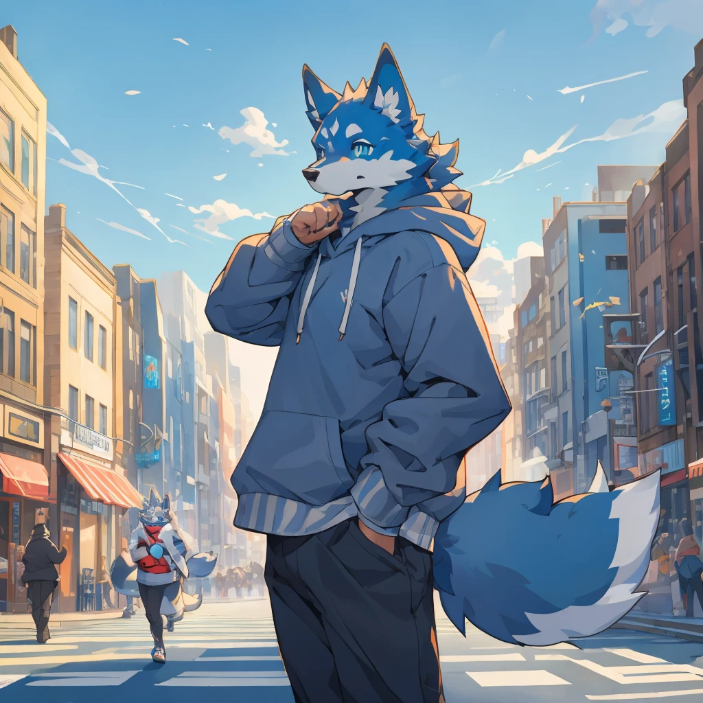 （Perfect work）Muscular body, Dark gray fur, Delicate pupils，Standing on the street, Snack Street Background,head tilted to one side,Beautiful blue sky and white clouds，People coming and going , Wearing a gray sweatshirt, Wolf furry character