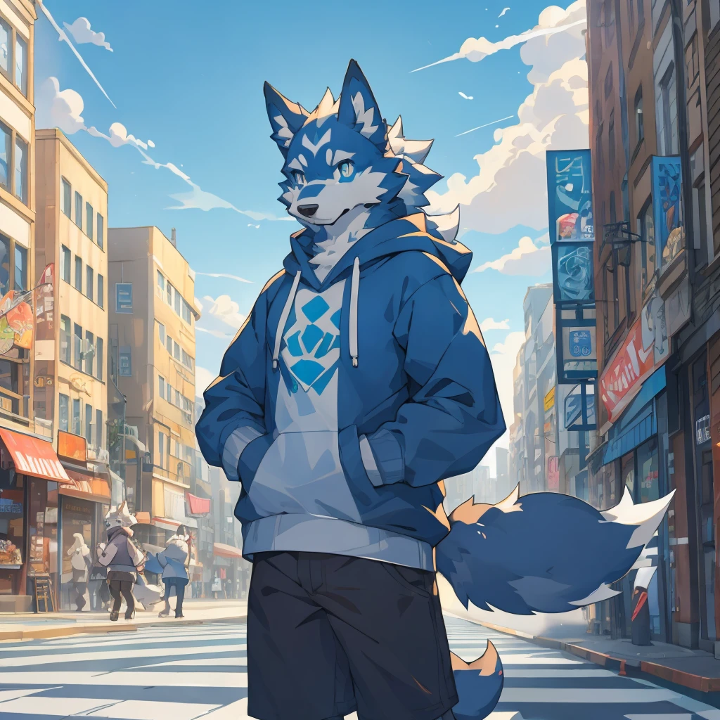 （Perfect work）Muscular body, Dark gray fur, Delicate pupils，Standing on the street, Snack Street Background,head tilted to one side,Beautiful blue sky and white clouds，People coming and going , Wearing a gray sweatshirt, Wolf furry character