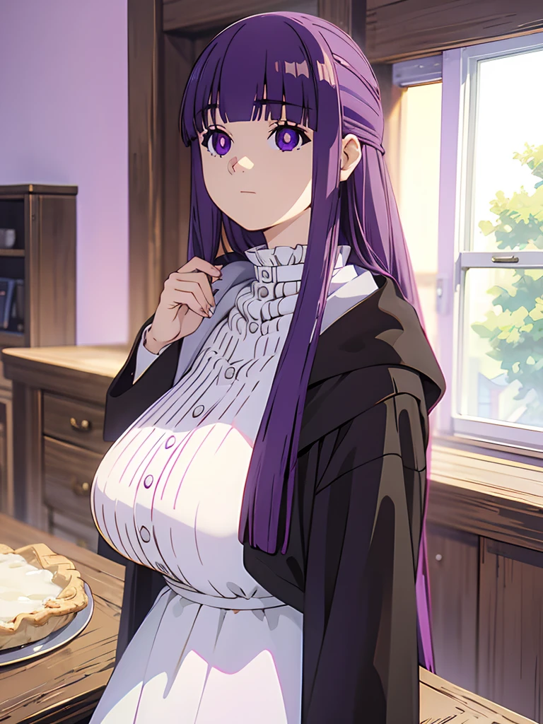 Fern 1girl,solo,long hair,table,pie,shirt,big breast,closed mouth,indoors,purple eyes,jacket,white shirt,purple hair,portrait,bright pupils 