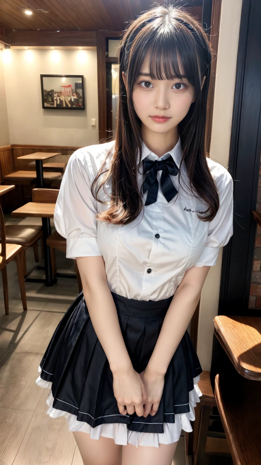 masterpiece, best quality, illustration, Super detailed, fine details, High resolution, 8K,wall paper, perfect dynamic composition,(Details High quality, realistic depiction of eyes:1.3), waitress uniform, restaurant, huge breasts, short bob hair、black hair color, Big Natural Color Lip, (perfect body shape), crying a little、Harajuku style、20 year old girl、cute type、ta、beautiful legs, focus on crotch, full body photo, gravure idol